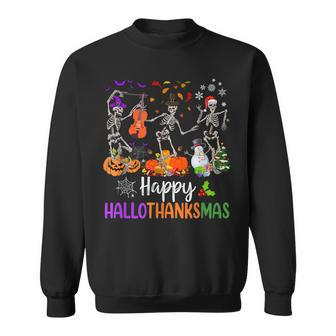 Happy Hallothanksmas Dancing Skeleton Halloween Thanksgiving Sweatshirt | Mazezy