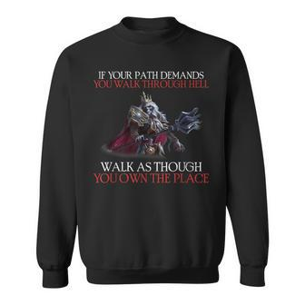 If Your Path Demands You Walk Through Hell Skeleton Usa Flag Usa Funny Gifts Sweatshirt | Mazezy