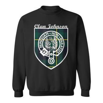 Johnson Surname Last Name Scottish Clan Tartan Badge Crest Funny Last Name Designs Funny Gifts Sweatshirt | Mazezy