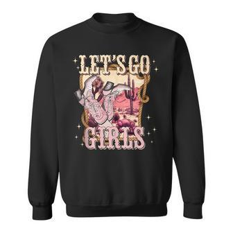 Lets Go Girls Retro Pink Hearts Cowgirls Boots Western Sweatshirt | Mazezy