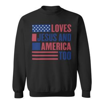 Loves Jesus And America Too American Flag Comfort Colors Shirt Independence Day Gift Red White And Blue Shirt God Bless America Sweatshirt - Monsterry