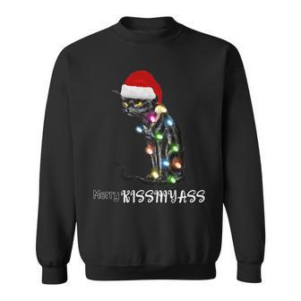 Merry Kissmyass Cat Christmas Lights Sweatshirt | Mazezy