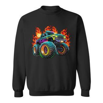 Monster Truck Flame Retro Monster Truck Birthday Boy Party Sweatshirt - Monsterry
