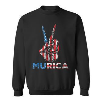 Murica American Flag Skeleton Hand Peace Sign 4Th July Sweatshirt | Mazezy