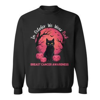 In October We Wear Pink Black Cat Breast Cancer Halloween Sweatshirt - Thegiftio UK