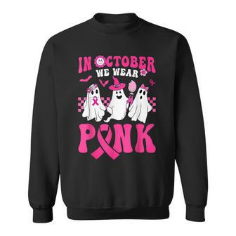 In October We Wear Pink Cute Ghost Breast Cancer Halloween Sweatshirt | Mazezy