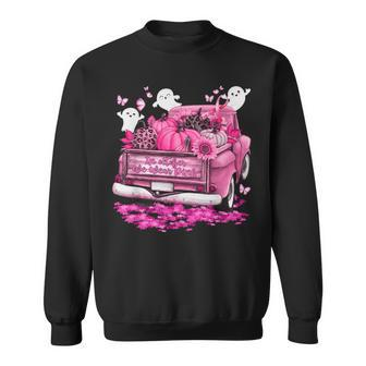 October We Wear Pink Ghosts Pumpkins Breast Cancer Halloween Sweatshirt | Mazezy