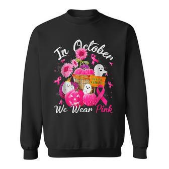 October We Wear Pink Pumpkin Ghost Halloween Breast Cancer Sweatshirt | Mazezy