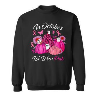 October We Wear Pink Pumpkin Ghost Halloween Breast Cancer Sweatshirt - Seseable
