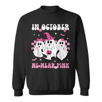 In October We Wear Pink Retro Ghosts Halloween Breast Cancer Sweatshirt - Seseable