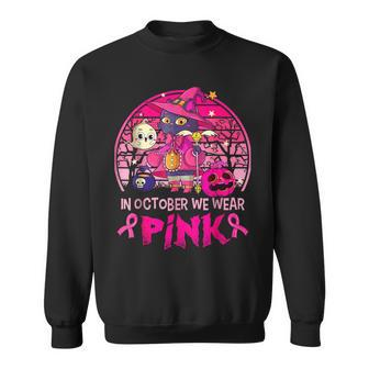 In October We Wear Pink Witch Cat Breast Cancer Awareness Sweatshirt | Mazezy