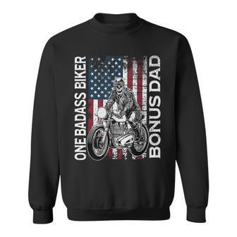 One Badass Biker Bonus Dad Grunge American Flag Skeleton Funny Gifts For Dad Sweatshirt | Mazezy