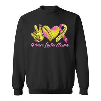 Peace Love Cure Pink Ribbon Softball Breast Cancer Awareness Sweatshirt - Seseable
