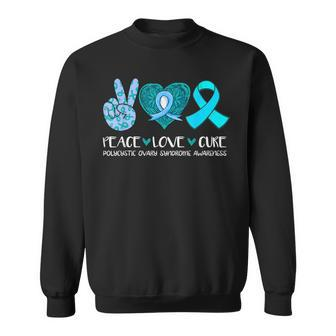 Peace Love Cure Polycystic Ovary Syndrome Pcos Teal Ribbon Sweatshirt - Monsterry AU
