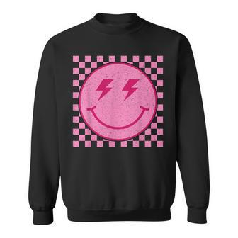 Pink Happy Face Checkered Pattern Smile Face Trendy Smiling Sweatshirt - Seseable