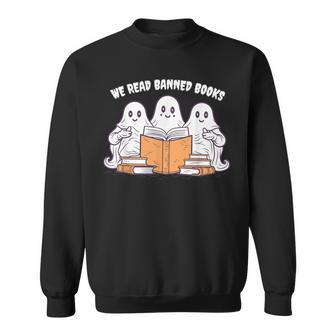 We Read Banned Books Cute Ghost Read A Book Halloween Retro Sweatshirt - Monsterry DE