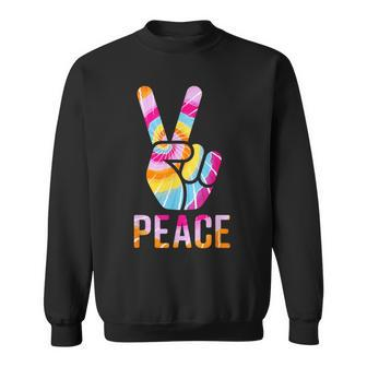 Retro 60’S 70’S Tie Dye Peace V Hand Sign Hippie Graphic Sweatshirt - Seseable