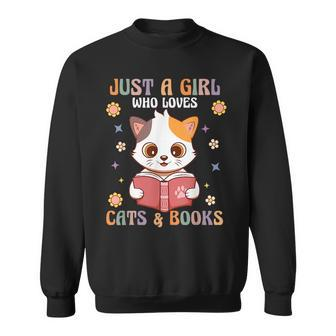 Retro Groovy Just A Girl Who Loves Books And Cats Book Lover Sweatshirt | Mazezy