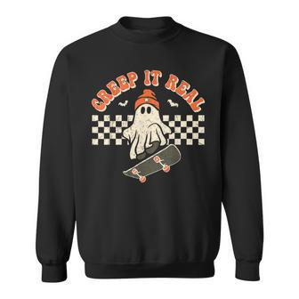 Retro Halloween Creep It Real Vintage Cute Ghost Skateboard Sweatshirt - Seseable