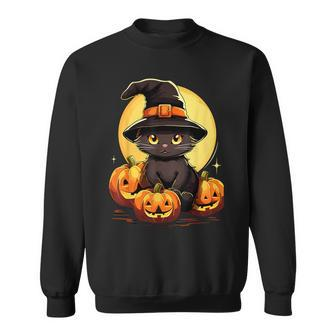 Scary Black Cat Witch Hat Pumpkin Vintage Halloween Costume Sweatshirt - Seseable