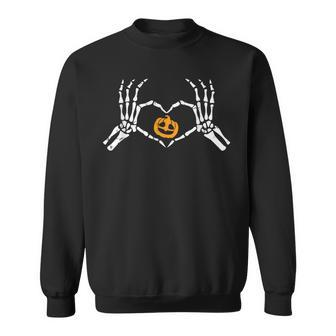 Skeleton Hand Heart Halloween Costume Bones Pumpkin Sweatshirt | Mazezy