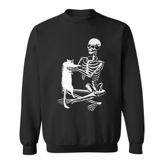 Skeleton Holding A Cat Lazy Halloween Costume Skull Sweatshirt - Monsterry CA
