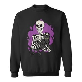 Skeleton Holding A Black Cat Lazy Halloween Costume Skull Sweatshirt | Mazezy