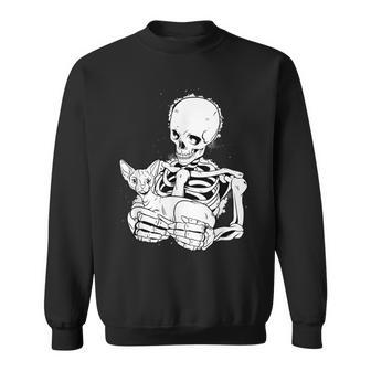 Skeleton Holding A Cat Lazy Halloween Costume Skull Sweatshirt - Seseable