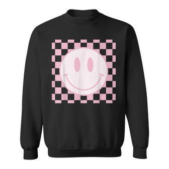 Smile Face Pink Vintage Checkered Pattern Retro Happy Face Sweatshirt | Mazezy
