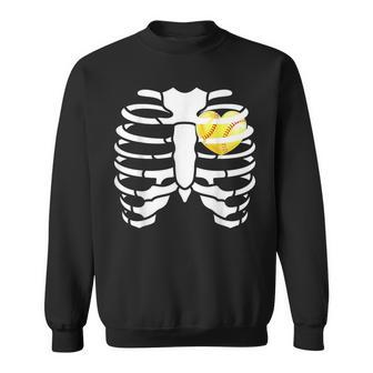 Softball Heart Inside Ribs Skeleton Halloween Costume Sweatshirt - Seseable