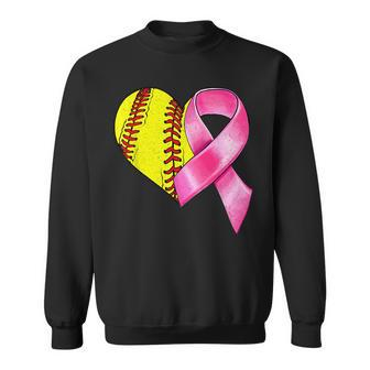 Softball Heart Pink Ribbon Warrior Breast Cancer Awareness Sweatshirt - Seseable