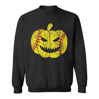 Softball Player Scary Pumpkin Vintage Costume Halloween Pumpkin Funny Gifts Sweatshirt | Mazezy