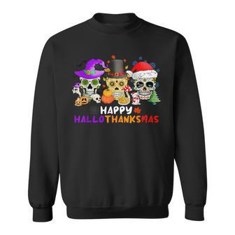 Sugar Skull Happy Hallothanksmas Halloween Thanksgiving Xmas Sweatshirt - Seseable