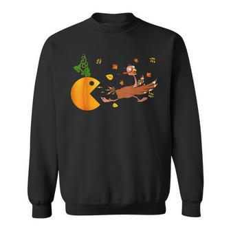 Thanksgiving Pumpkin Eating Turkey Funny Turkey Running Pumpkin Funny Gifts Sweatshirt | Mazezy