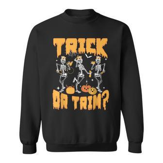 Trick Or Trim Halloween Hairstylist Skeletons And Pumpkins Sweatshirt - Monsterry CA