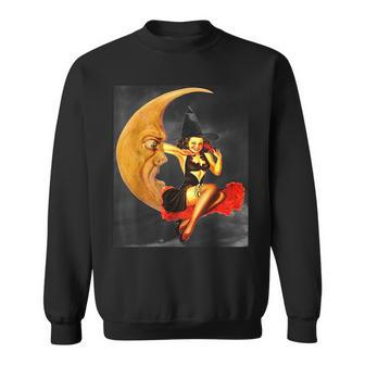 Vintage Pin Up Girl Witch On Moon Halloween Moon Funny Gifts Sweatshirt | Mazezy