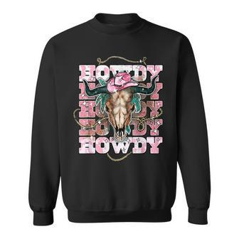 Vintage Pink Leopard Howdy Bull Skull Cowgirl Rodeo Western Sweatshirt | Mazezy CA