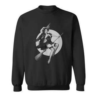 Vintage Pinup Witch On Witches Broom Halloween Pin Up Girl Halloween Funny Gifts Sweatshirt | Mazezy