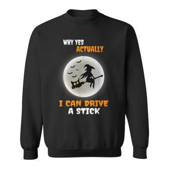 Why Yes Actually I Can Drive A Stick Halloween Witch & Cat Sweatshirt - Monsterry CA