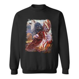 Wolf With Bald Eagle American Flag Sweatshirt | Mazezy