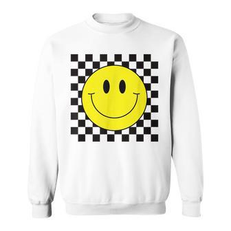 70S Yellow Smile Face Cute Checkered Smiling Happy Sweatshirt | Mazezy