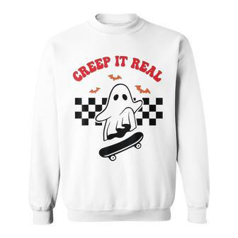 Creep It Real Ghost Skate Halloween Groovy Retro Vintage IT Funny Gifts Sweatshirt | Mazezy
