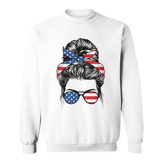 Cute 4Th Of July Messy Bun Woman American Flag Patriotic Usa Sweatshirt | Mazezy