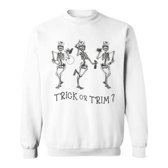 Dancing Skeleton Trick Or Trim Hairstylist Halloween Sweatshirt - Monsterry DE