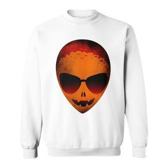 Halloween Scary Moon Face Alien Head In Pumpkin Color Themed Sweatshirt | Mazezy
