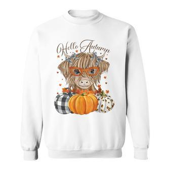 Hello Autumn Fall Highland Cow Pumpkins Thanks Giving Sweatshirt | Mazezy