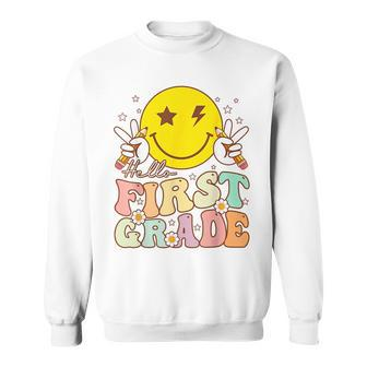 Hello First Grade Hippie Smile Face 1St Grade Back To School Sweatshirt - Seseable