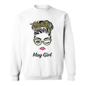 May Girl Birthday Wink Eye Woman Face Leopard Bandana Sweatshirt | Mazezy