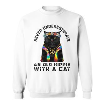 Never Underestimate An Old Hippie With A Cat Funny Vintage Sweatshirt | Mazezy