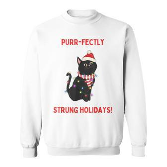 Purr-Fectly Strung Holidays Black Cat Wrapped In Lights Sweatshirt | Mazezy